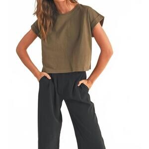 NEW MIOU MUSE round neck cuffed sleeve top in olive grey